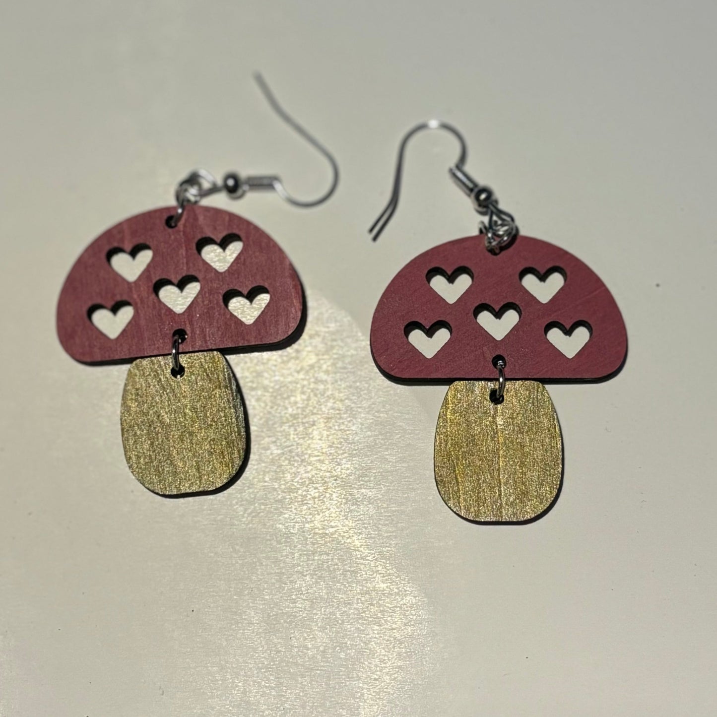 Wood Laser Cut Mushroom Hearts Earrings
