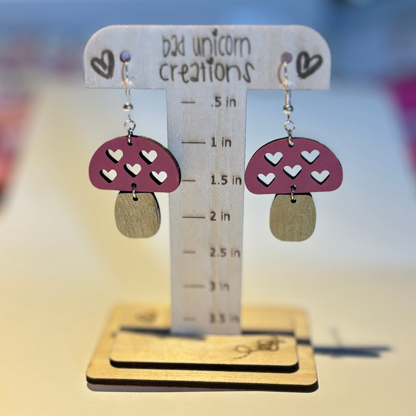 Wood Laser Cut Mushroom Hearts Earrings