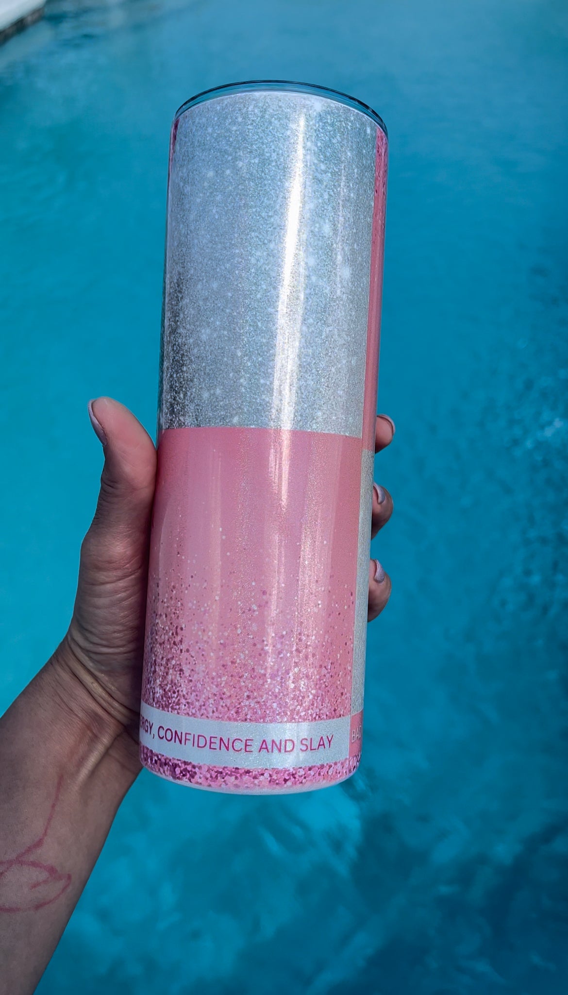 Pink Energy Drink Custom 20 oz Skinny Tumbler “Energy confidence slay Bad B Energy”
