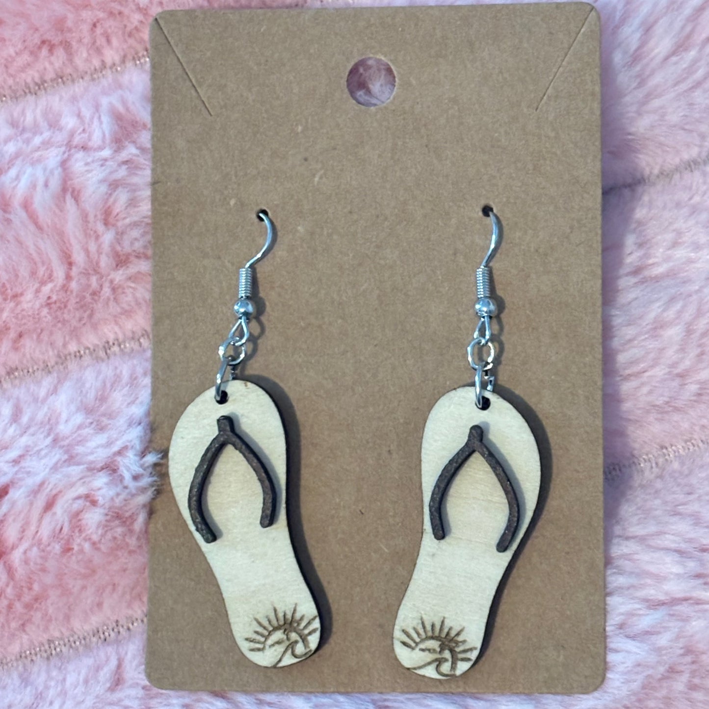 Sun Beach Wave Wood Flip Flop Earrings
