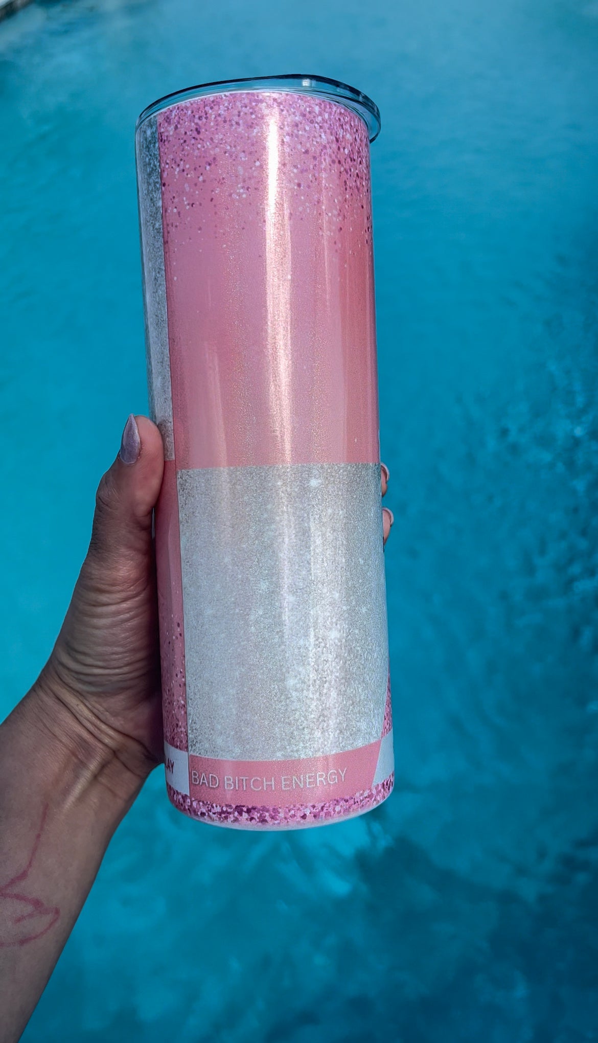 Pink Energy Drink Custom 20 oz Skinny Tumbler “Energy confidence slay Bad B Energy”