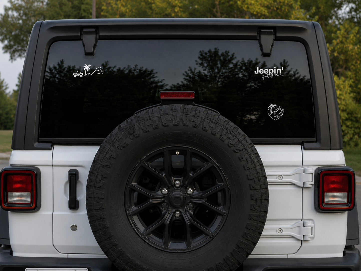 Jeep/SUV/Car Vinyl Decal Set |Mirror/Window/Vehicle Decals | Palm Tree, Surfboard, Wave Heart & Good Vibes, Alien Spaceship, Bigfoot Stickers