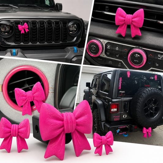 A collage showing bright pink bow-shaped vent clips attached to vehicle air vents and placed on a car rear, with one bow tow hitch, one bow grill clip, and one bow vent clip, in the foreground on a white surface.