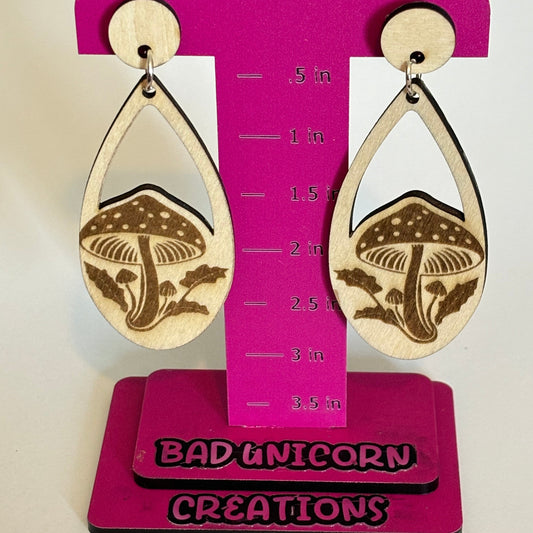 Wood Engraved Mushroom Earrings