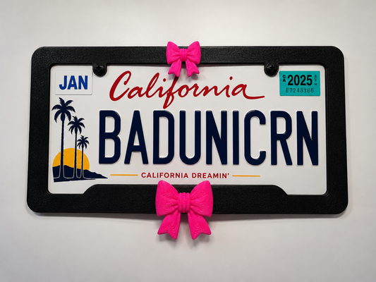 Chunky Bow License Plate Frame | 3D Printed Car Accessory (Black Frame Custom Color Bows)