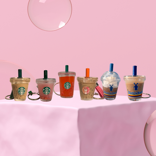 Mini Iced Coffee, Frappe, Pink Drink, and Strawberry Refresher Replica Keychains