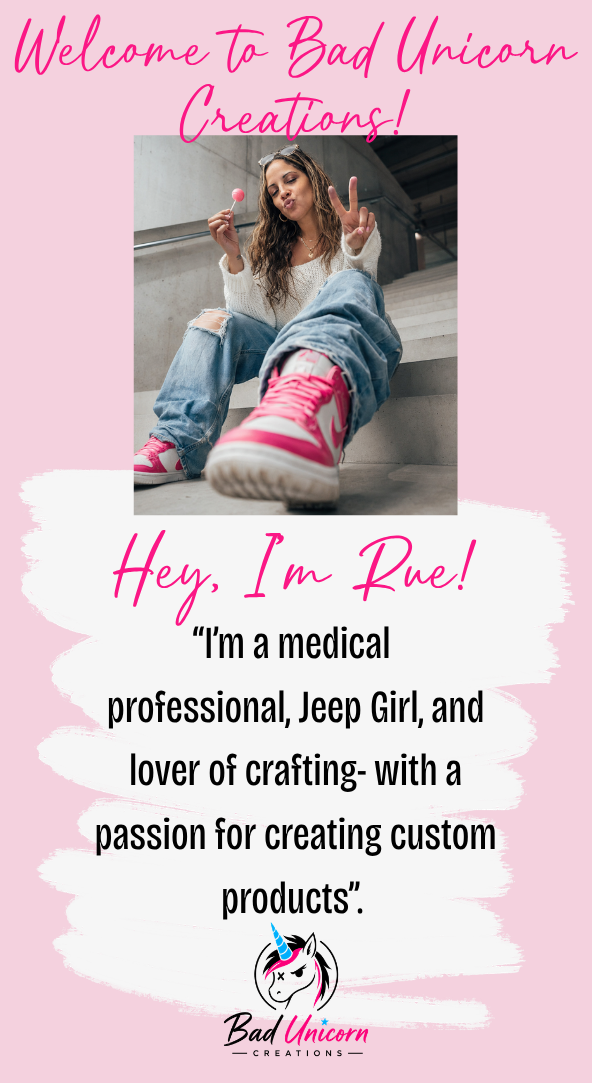 A tall vertical pink card or flyer on a white background, featuring the text 'Welcome to Bad Unicorn Pranks' and a small photo of a person holding a prank hat. The card also includes a quote starting with 'Hey, I'm Dee!' and a small logo at the bottom.