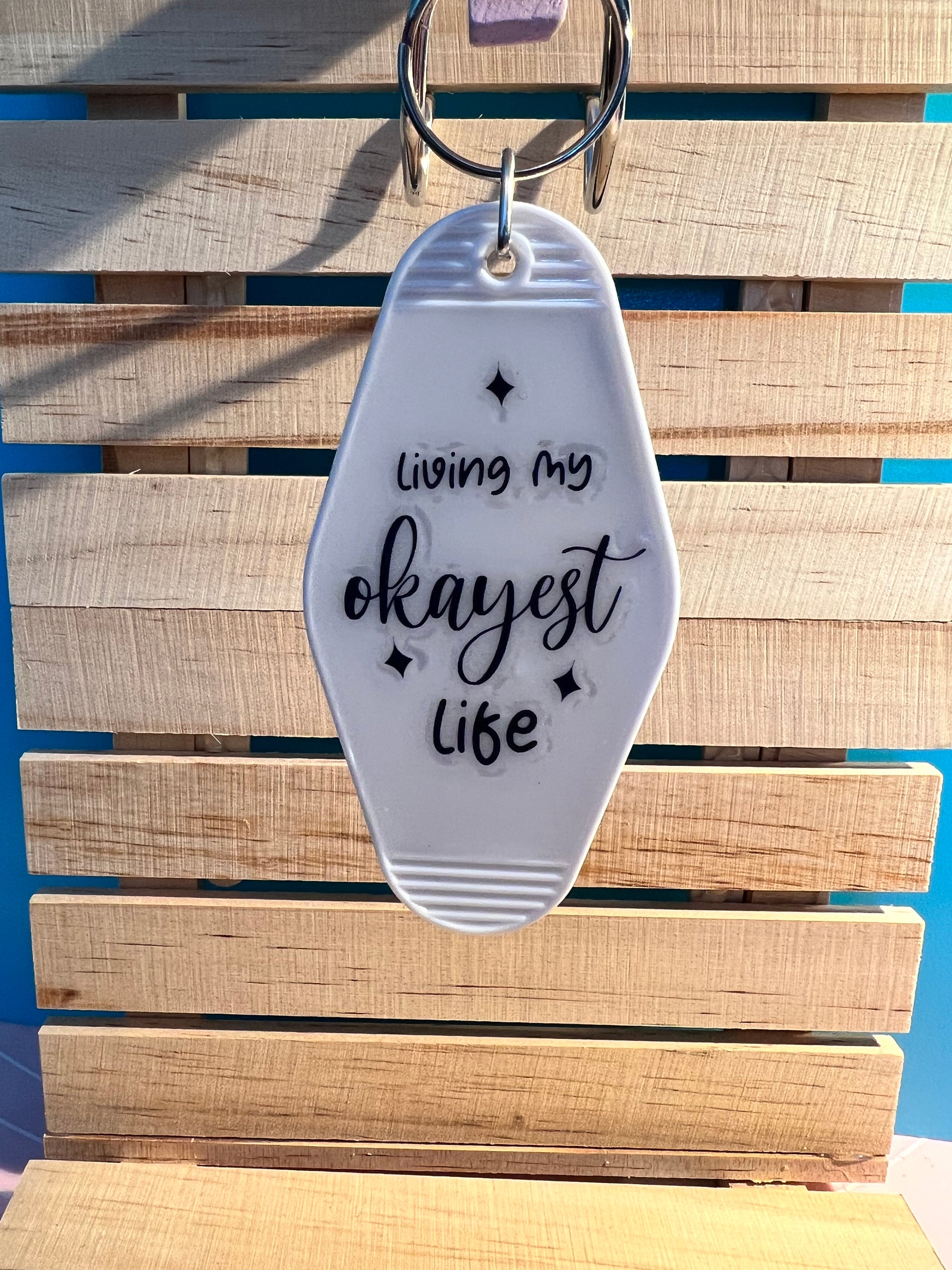 Living My Okayest Life Personalized Retro Motel Keychain